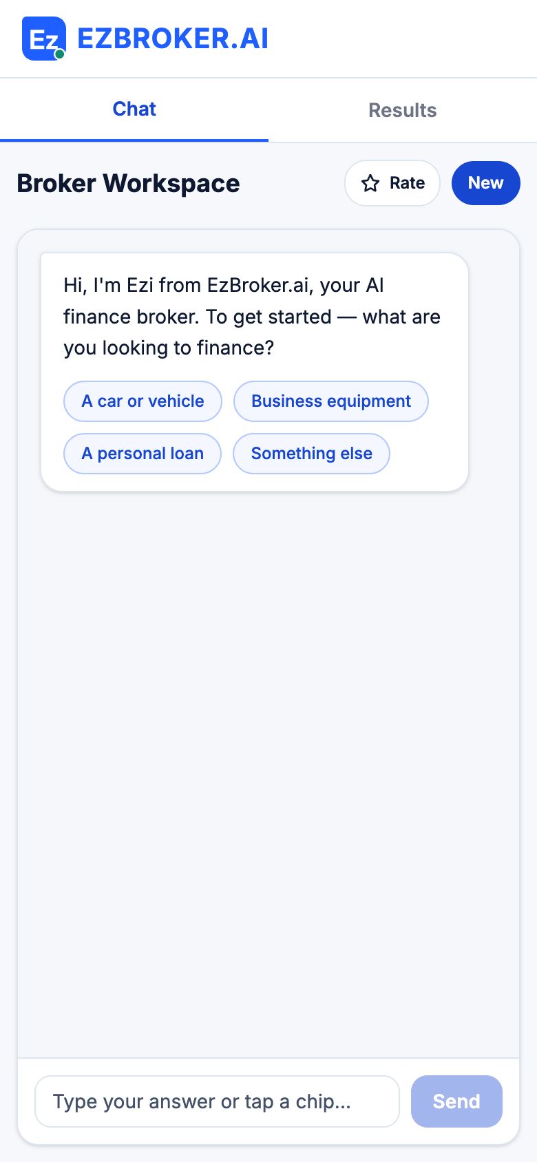 Broker Workspace on a phone: Ezi asks what the client is looking to finance, with choices for a car or vehicle, business equipment, a personal loan or something else