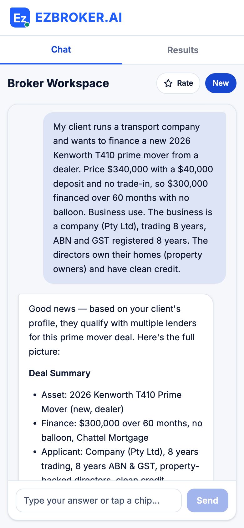 Broker Workspace on a phone: a broker describes a prime mover deal and Ezi replies with a deal summary