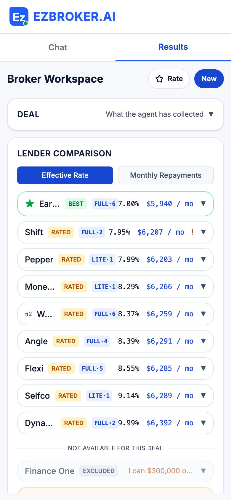 Lender comparison on a phone, ranked by effective rate, with Earlypay marked best at 7.00% and Finance One not available for this deal