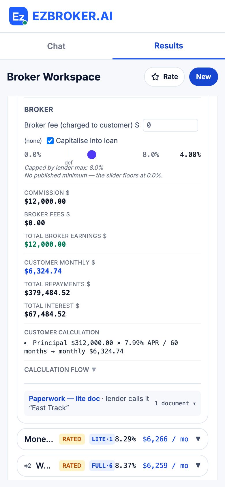Commission slider at 4% on a phone, with a $12,000 commission