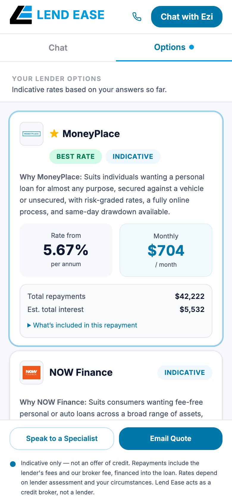 The web broker on a phone in the Lend Ease brand, showing the best-rate lender