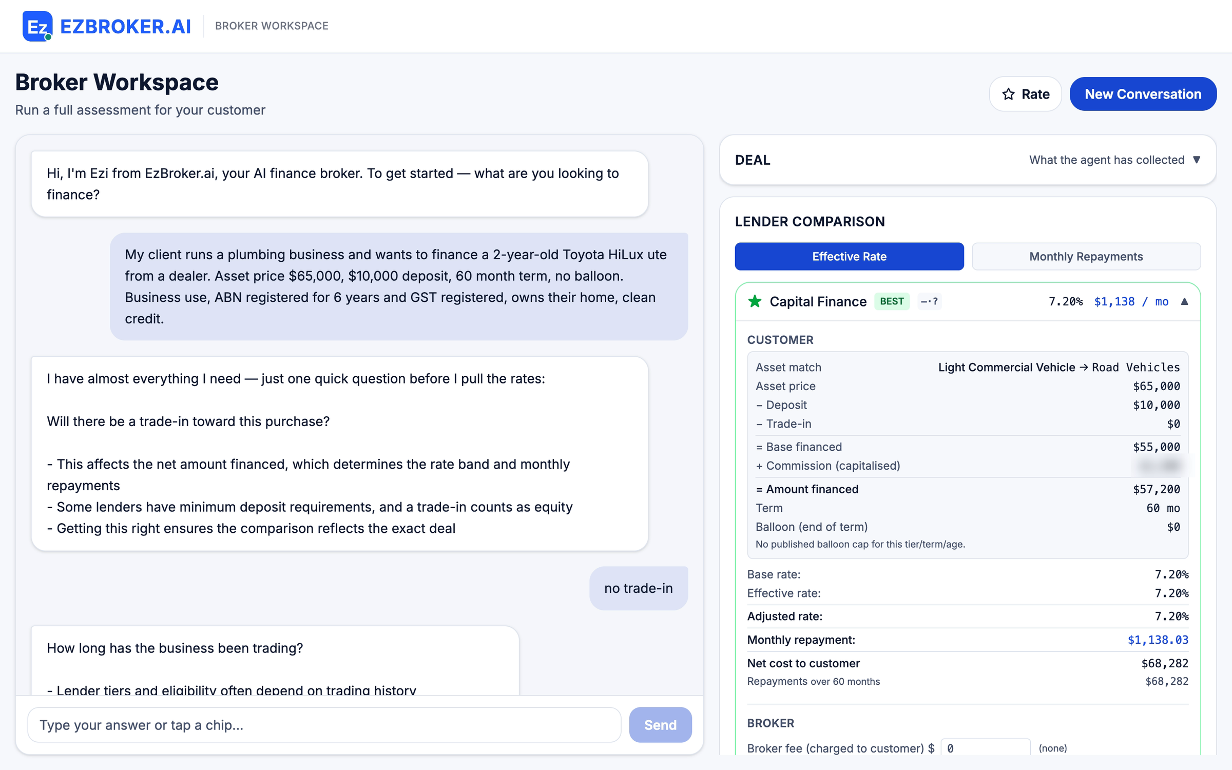 Broker Workspace with a broker's deal in the conversation and the lender comparison beside it