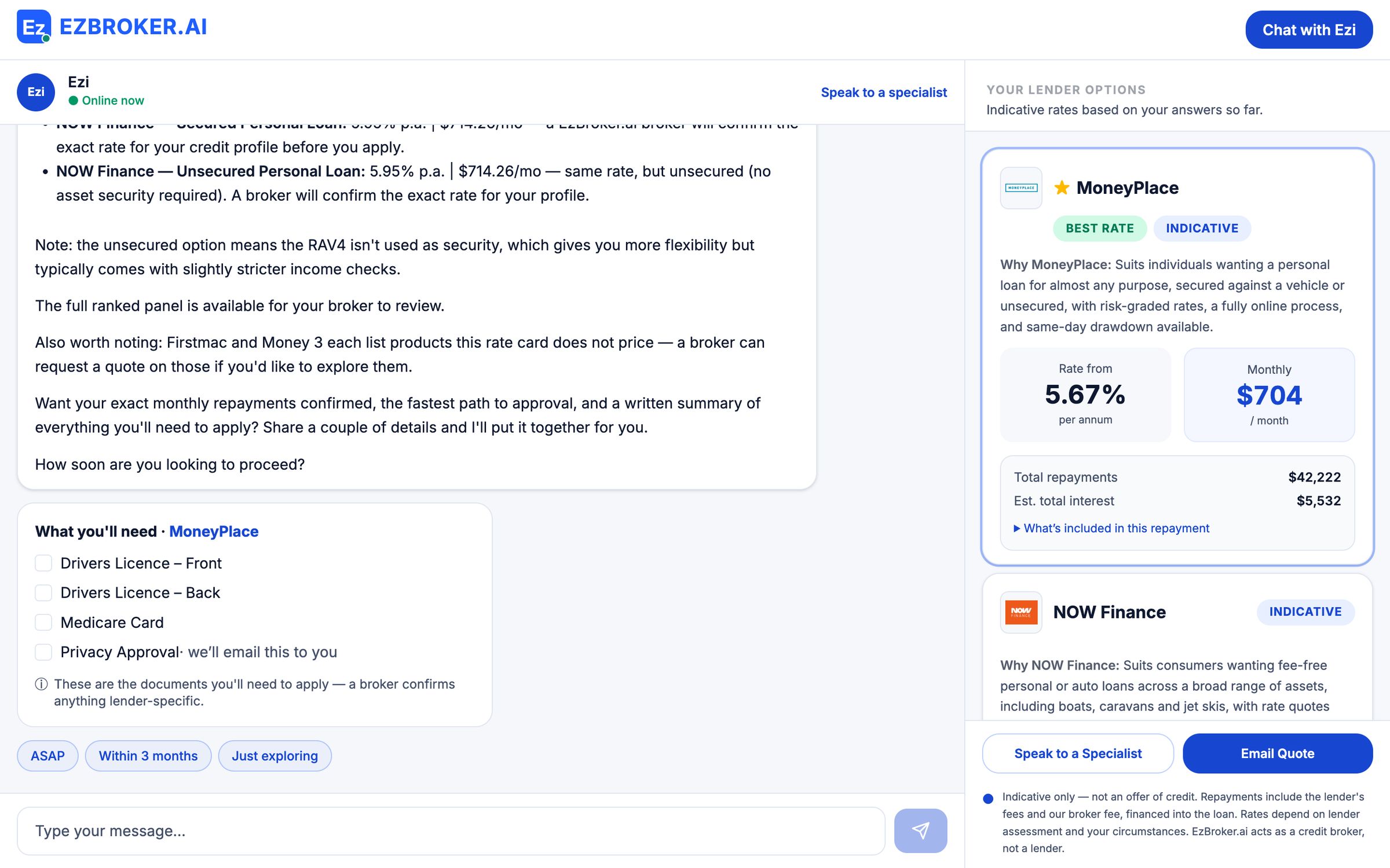 The web broker on desktop in the EzBroker brand, with Ezi's recommendation beside the best-rate lender
