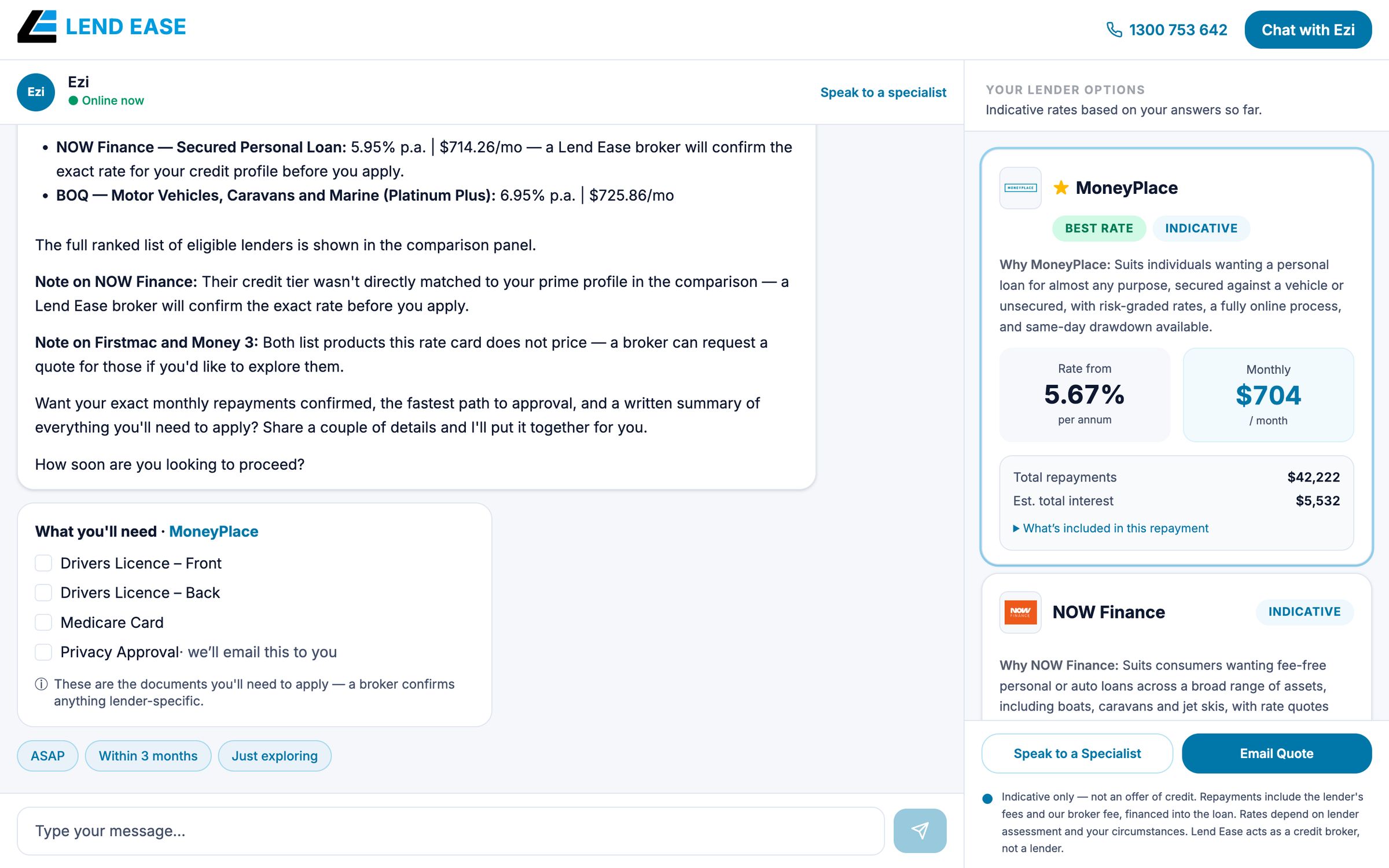 The web broker on desktop in the Lend Ease brand, with Ezi's recommendation beside the best-rate lender