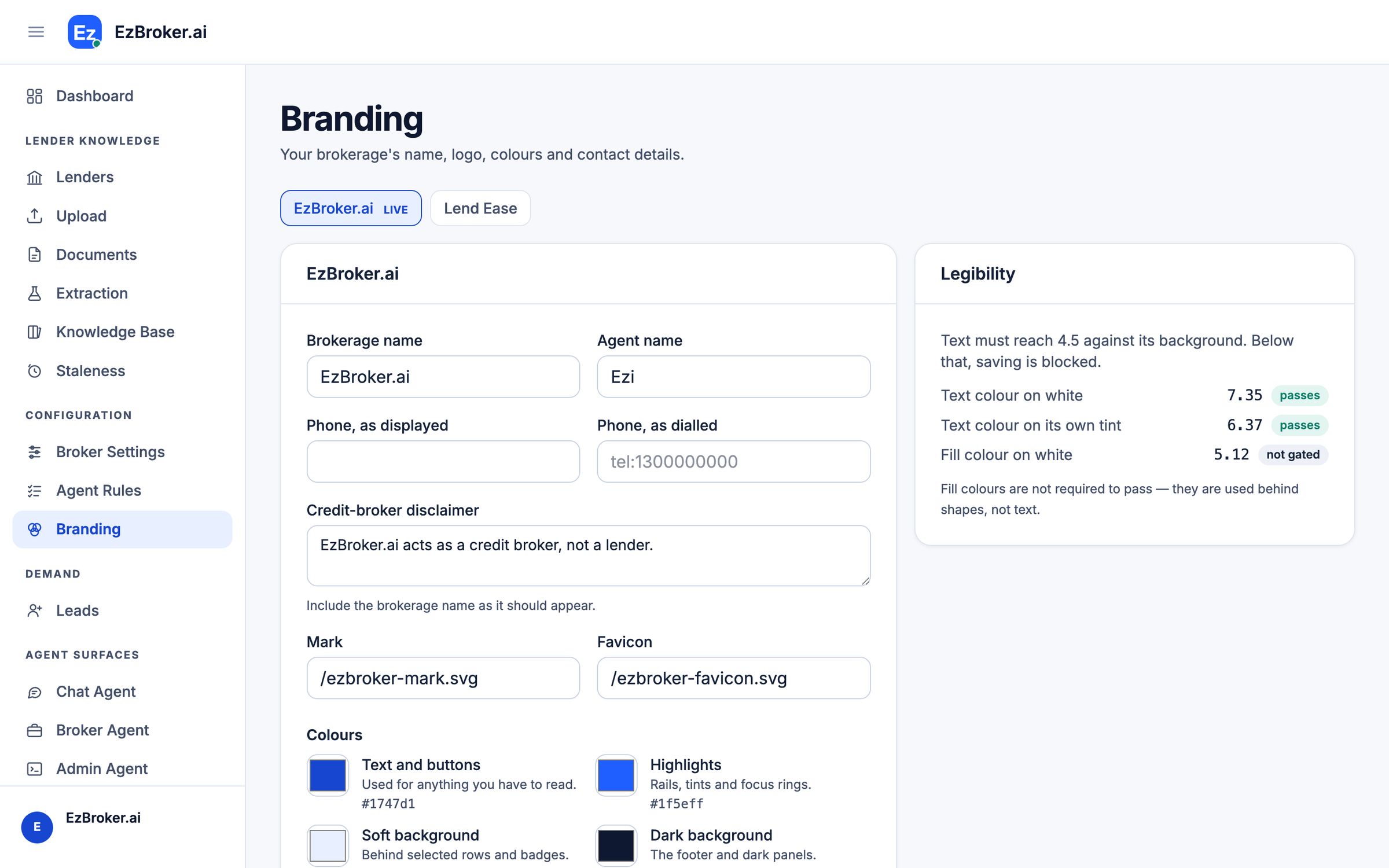 Branding settings with tabs for the EzBroker.ai and Lend Ease brands, the brokerage name, agent name and phone fields, and a legibility check that blocks saving when text contrast is below 4.5