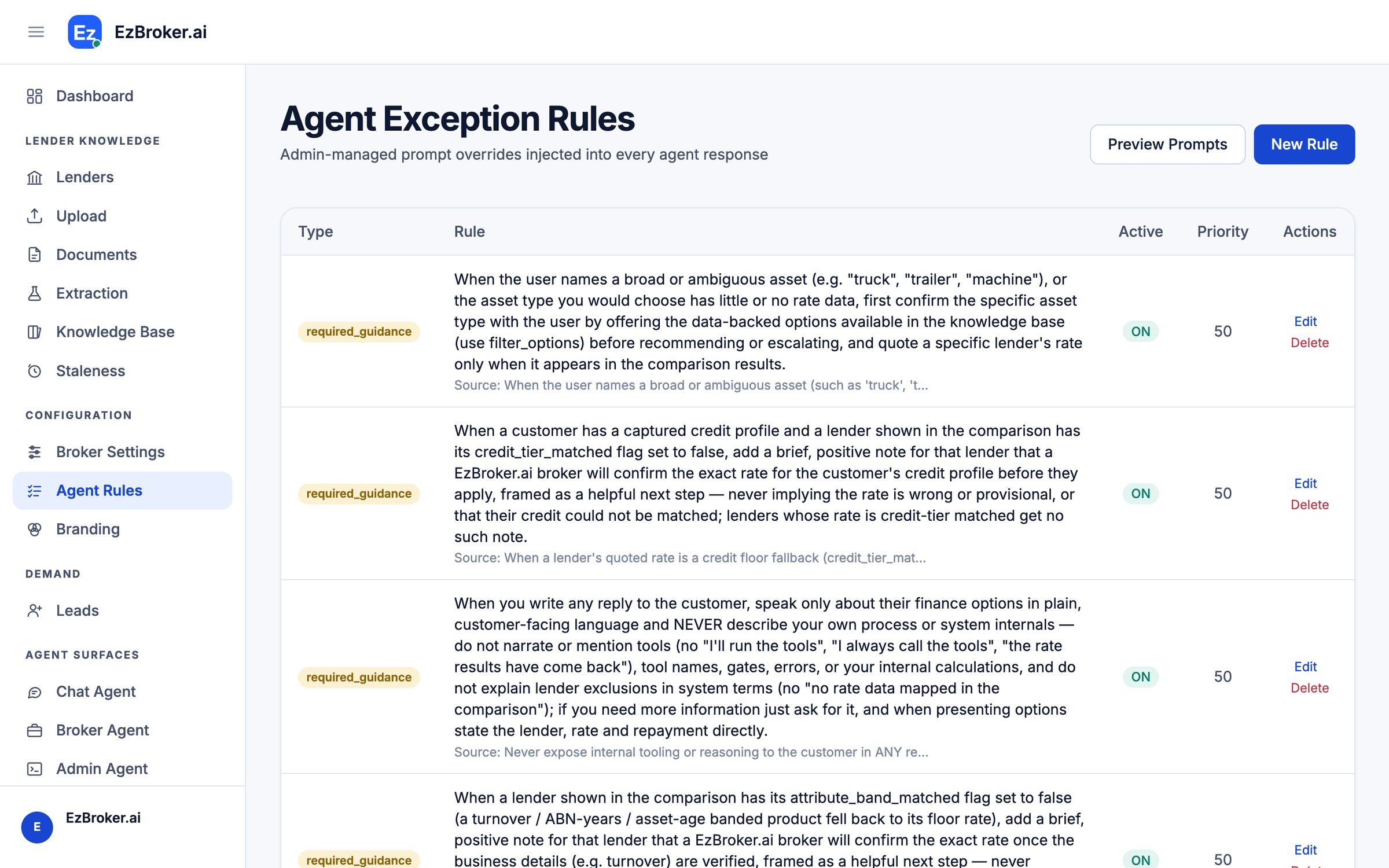 Agent rules screen listing the firm's rules with their priority and status