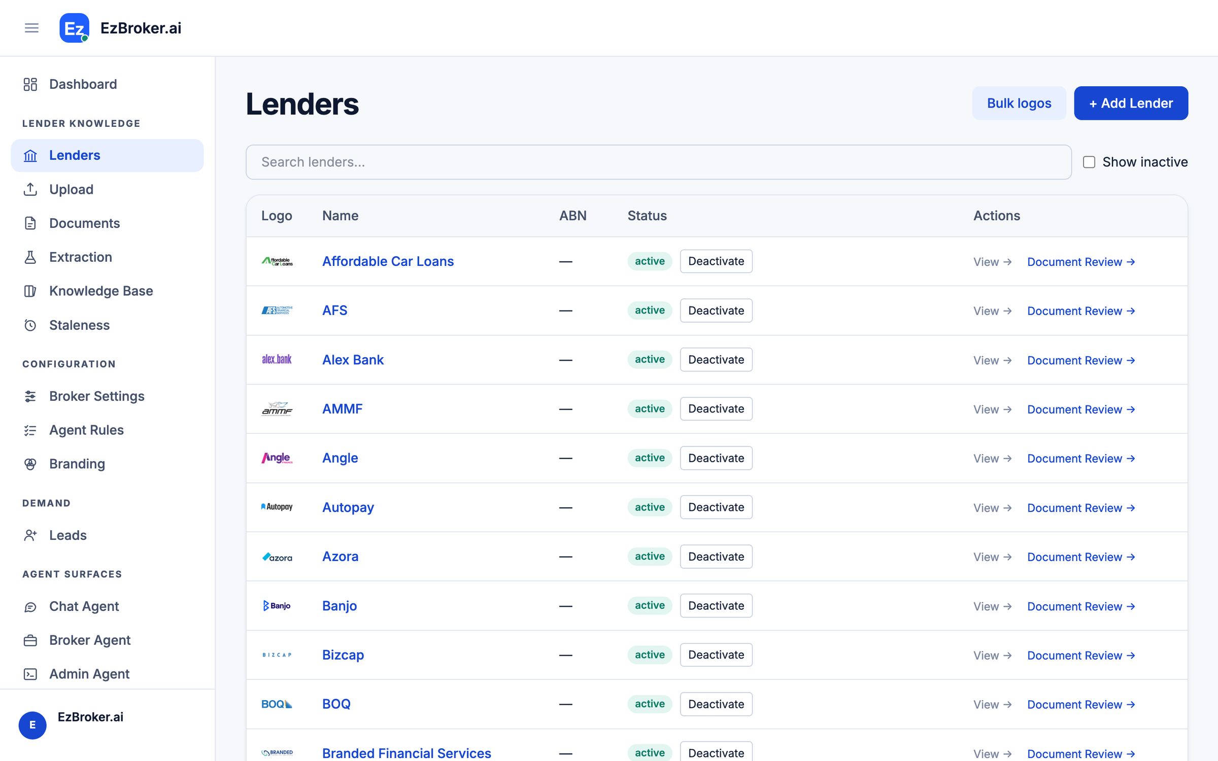 Lender list with each lender's logo and active status
