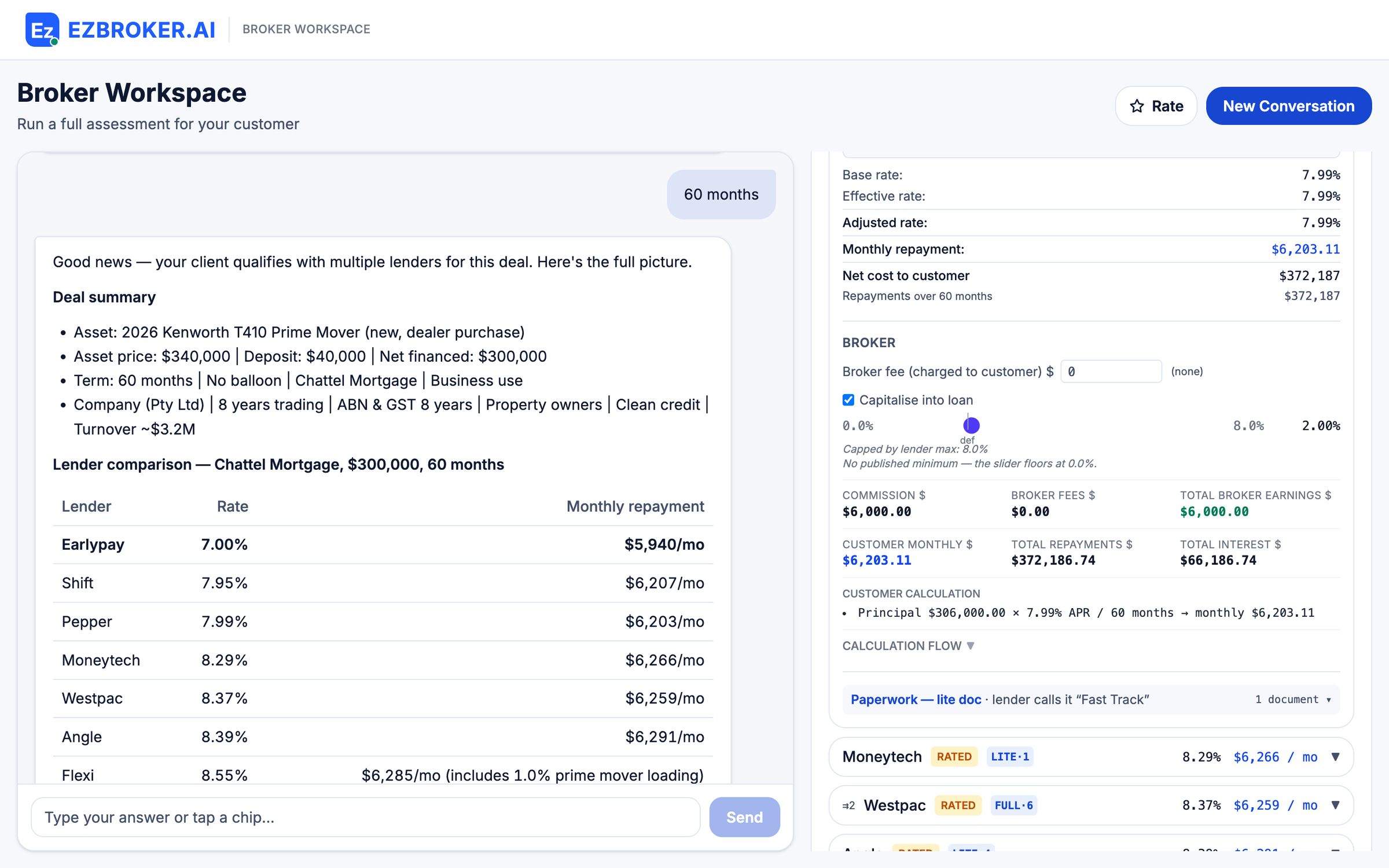 Broker Workspace with Ezi's ranked answer in the conversation — the deal summary for a $300,000 prime mover and lenders from Earlypay at 7.00% to Flexi at 8.55% — beside Pepper's quote: base, effective and adjusted rates of 7.99%, a $6,203.11 monthly repayment and $372,187 net cost to the customer, then the broker section with no broker fee, the commission slider at 2% of a 0 to 8% range, $6,000 commission and $6,000 total broker earnings