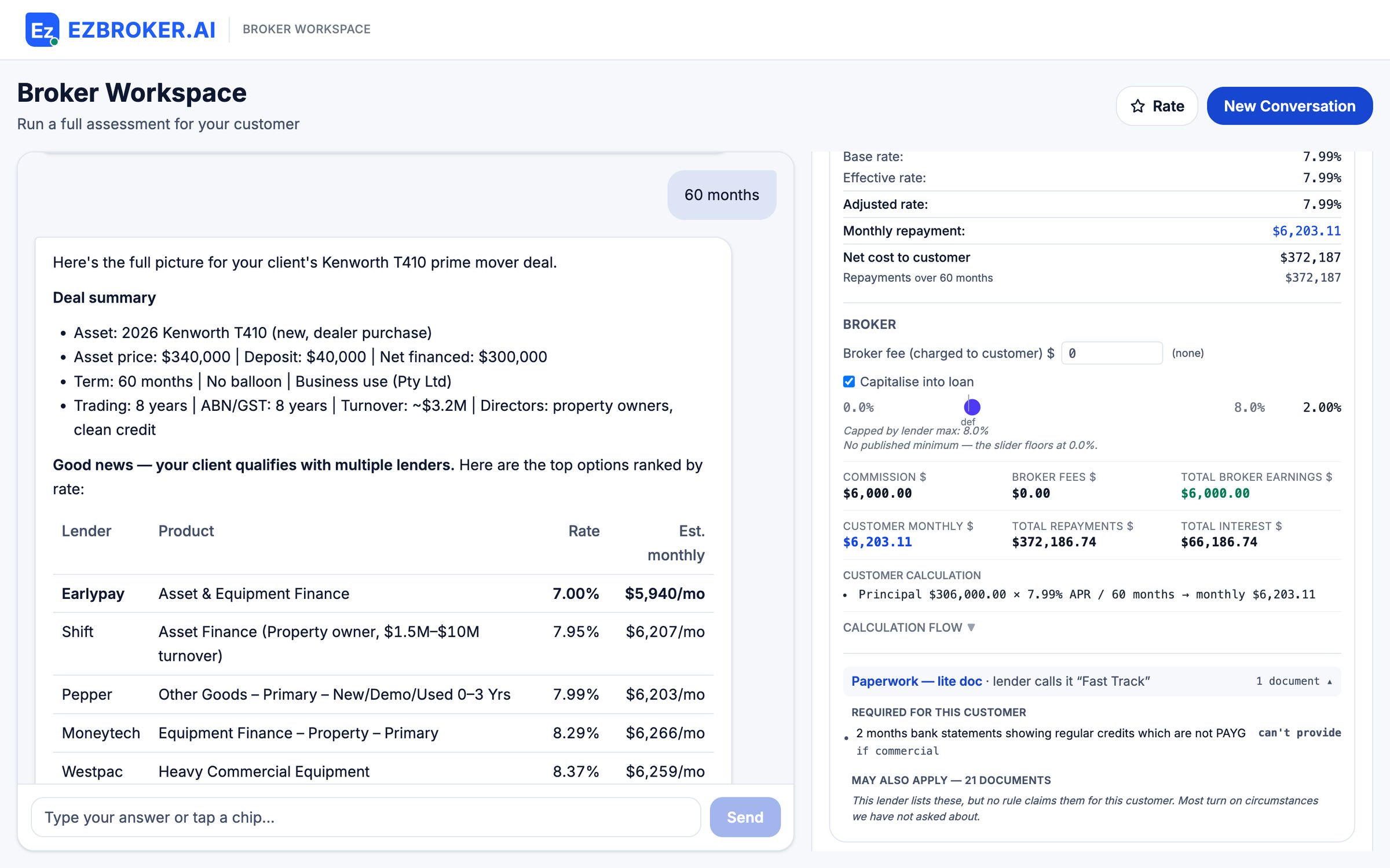 Broker Workspace with Ezi's ranked answer in the conversation — the deal summary for a $300,000 prime mover and lenders from Earlypay at 7.00% to Flexi at 8.55% — beside Pepper's quote with its paperwork open: lite doc, which the lender calls Fast Track, one document required for this customer, two months of bank statements showing regular credits that are not PAYG, above a heading for 21 documents that may also apply, which no rule claims for this customer