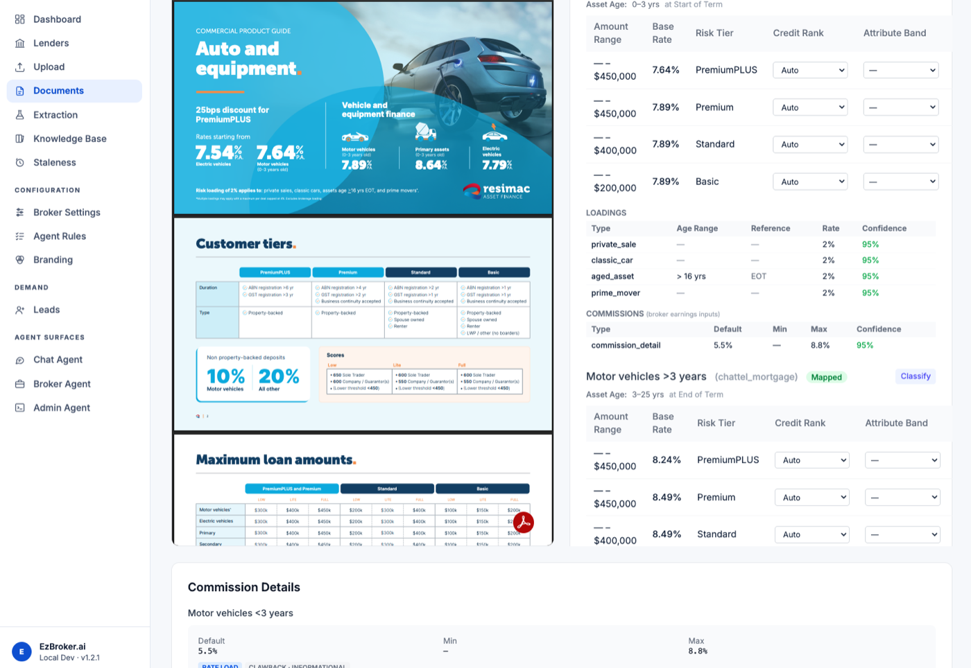 A lender rate card beside the structured rates, loadings and commissions read from it