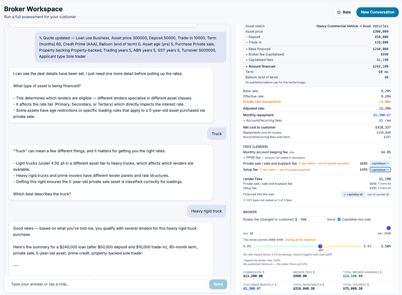 A live quote breaking down rate, fees, repayments and broker earnings