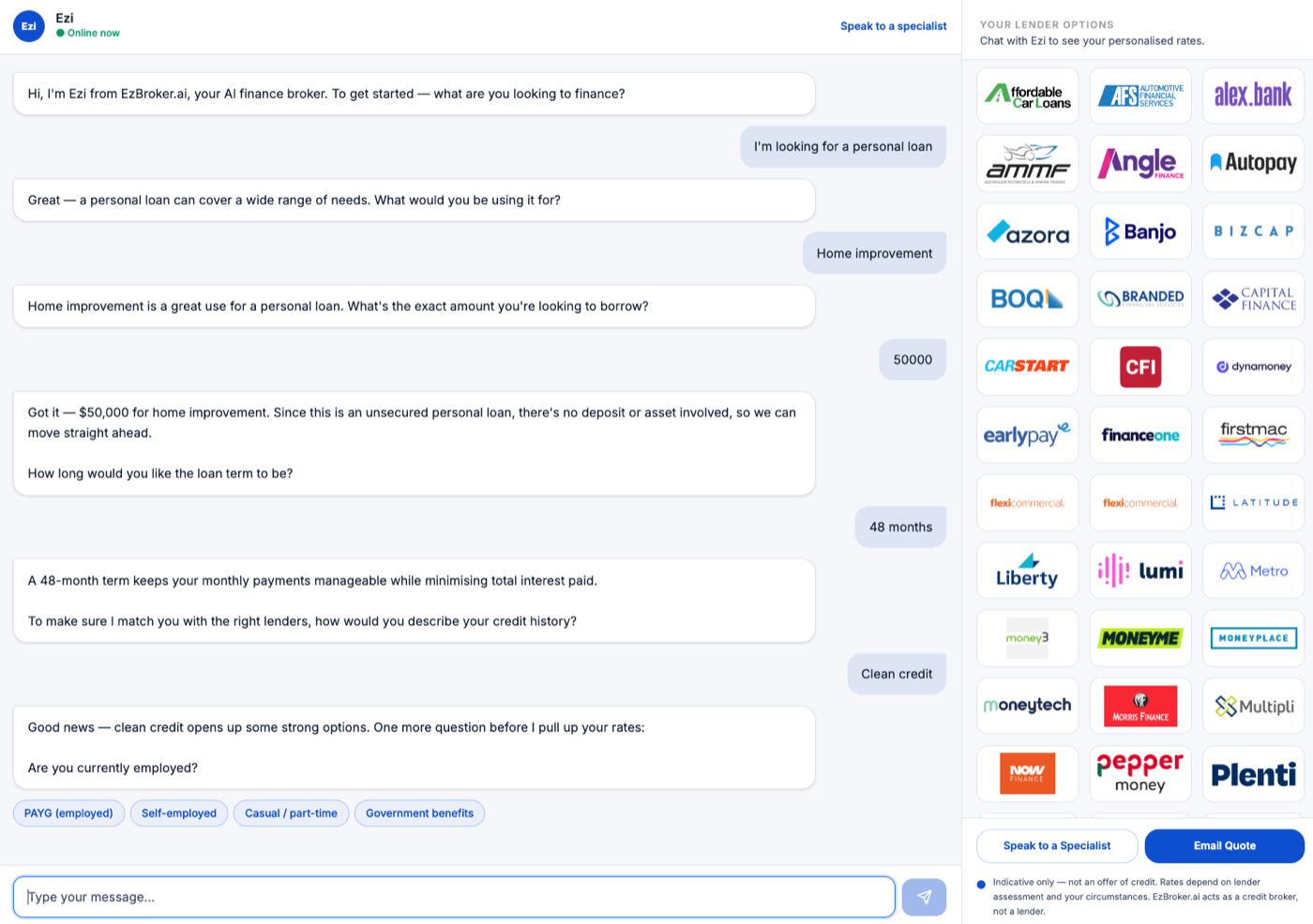 The Ezi web broker asking a borrower about their loan, beside the full lender panel